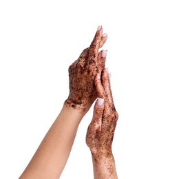 Photo of Woman applying body scrub onto her hands on white background, closeup