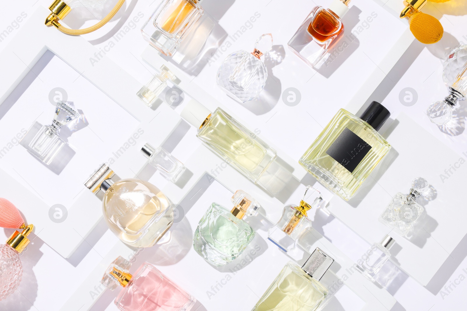 Different luxury perfumes on white background, flat lay Photo of Different luxury perfumes on white background, flat lay
