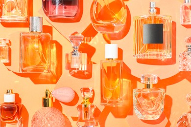 Photo of Different luxury perfumes on beige background, flat lay