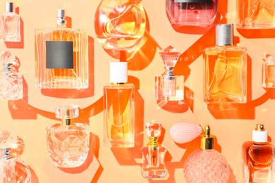 Photo of Different luxury perfumes on beige background, flat lay