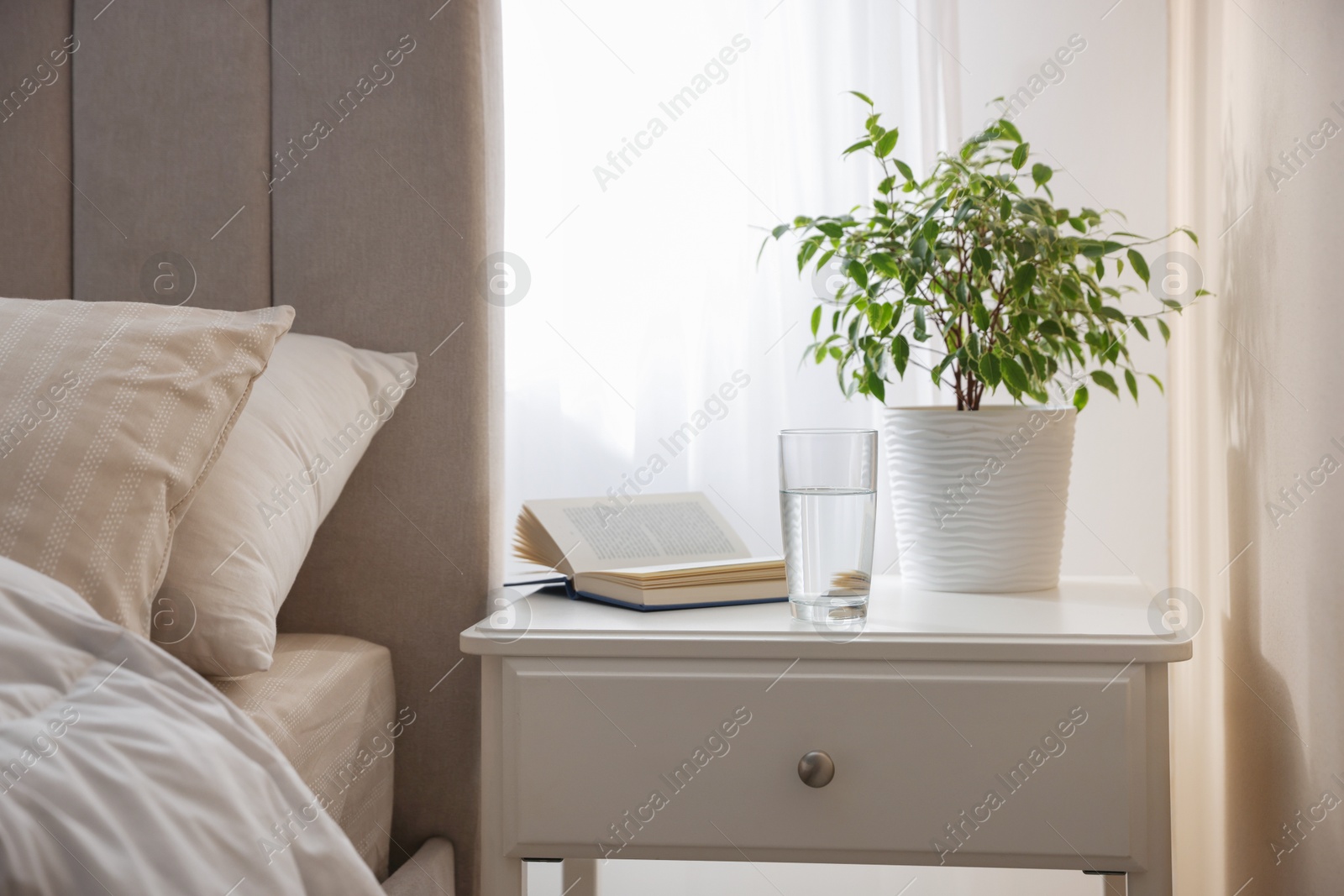Photo of Bedside table with book, houseplant and glass of water near bed in room