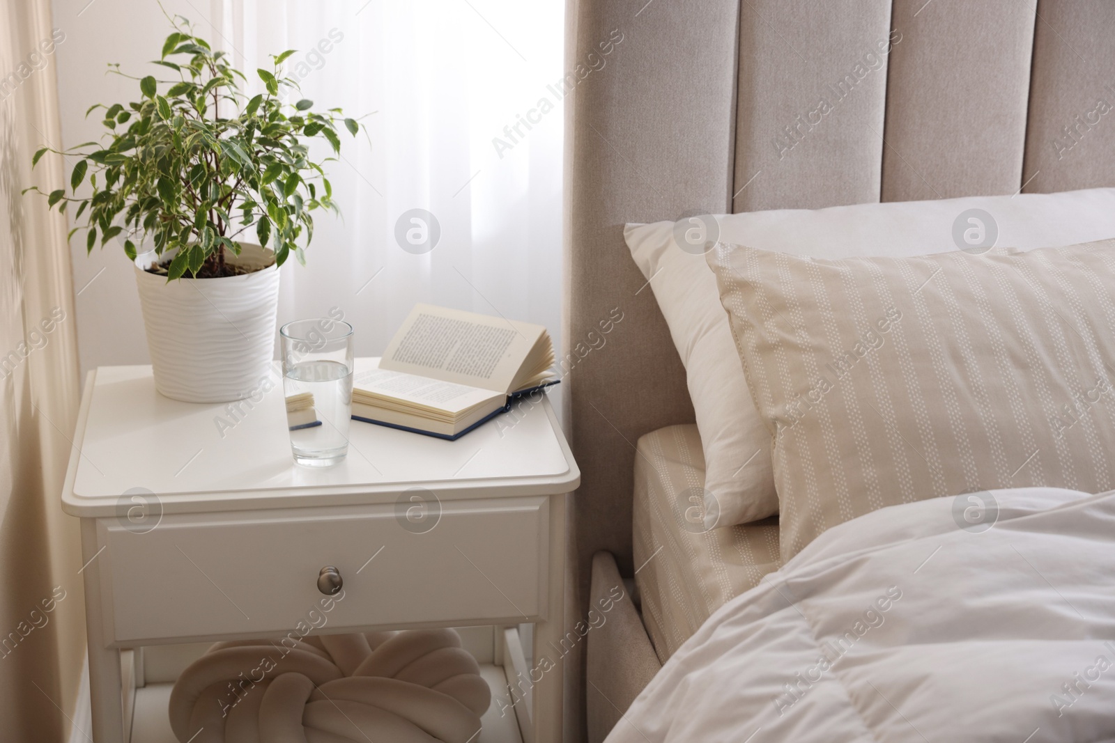 Bedside table with book, houseplant and glass of water near bed in room Photo of Bedside table with book, houseplant and glass of water near bed in room