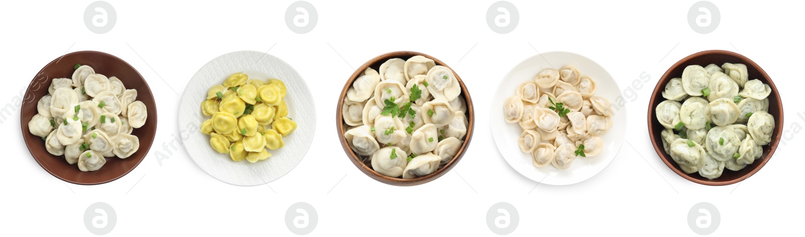 Image of Tasty boiled dumplings (pelmeni) on white background, set. Top view