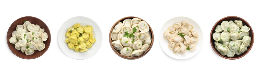 Image of Tasty boiled dumplings (pelmeni) on white background, set. Top view