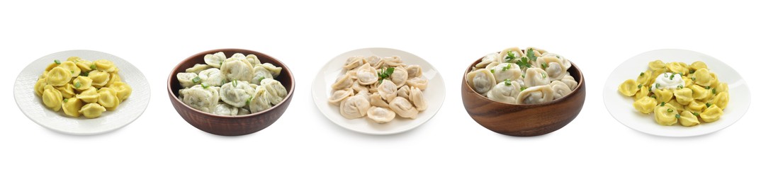 Image of Tasty boiled dumplings (pelmeni) on white background, set