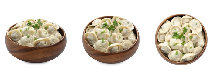Image of Tasty boiled dumplings (pelmeni) on white background, collage. Top and side view