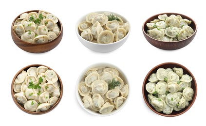 Image of Tasty boiled dumplings (pelmeni) on white background, collage. Top and side view