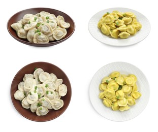 Image of Tasty boiled dumplings (pelmeni) on white background, collage. Top and side view