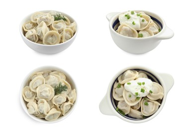 Image of Tasty boiled dumplings (pelmeni) on white background, collage. Top and side view