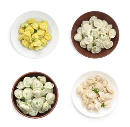 Image of Tasty boiled dumplings (pelmeni) on white background, set. Top view