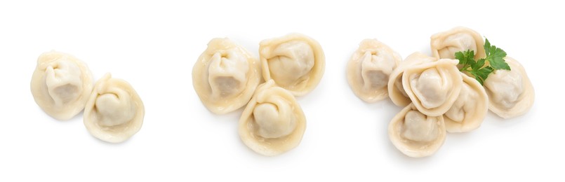 Image of Tasty boiled dumplings (pelmeni) with fresh parsley on white background, set. Top view
