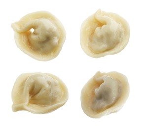 Image of Tasty boiled dumplings (pelmeni) on white background, collage