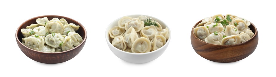 Image of Tasty boiled dumplings (pelmeni) in bowls on white background, set