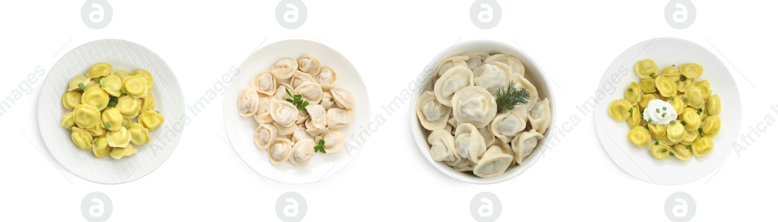 Image of Tasty boiled dumplings (pelmeni) on white background, set. Top view