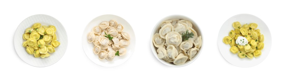 Image of Tasty boiled dumplings (pelmeni) on white background, set. Top view