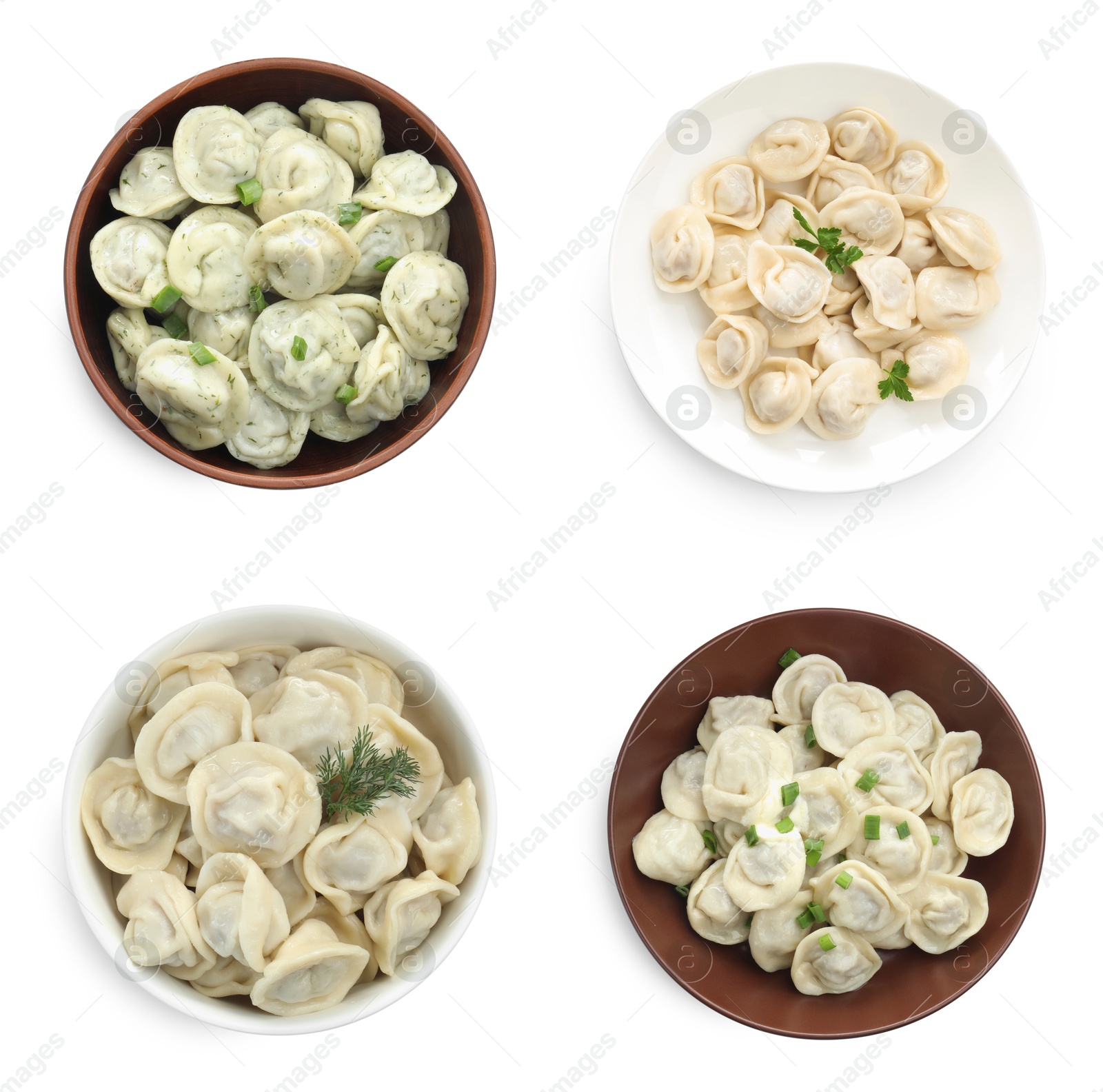 Image of Tasty boiled dumplings (pelmeni) on white background, collage. Top view