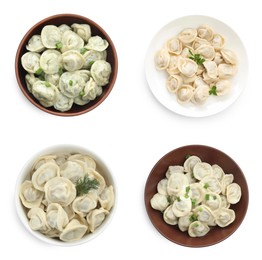 Image of Tasty boiled dumplings (pelmeni) on white background, collage. Top view