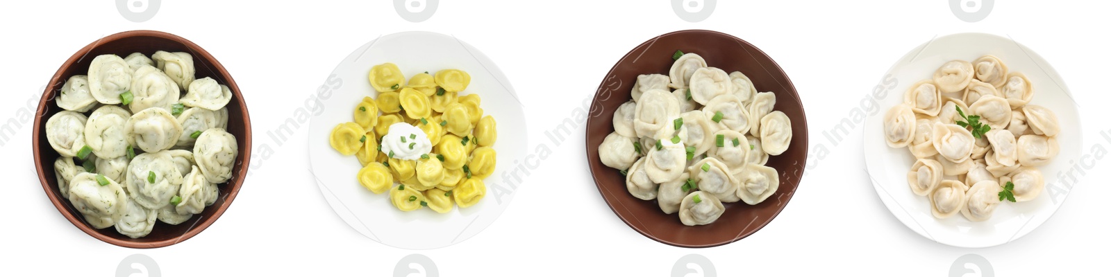 Image of Tasty boiled dumplings (pelmeni) on white background, set. Top view