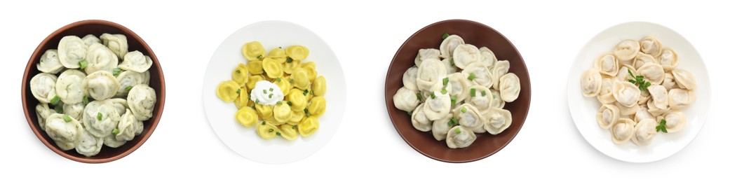 Image of Tasty boiled dumplings (pelmeni) on white background, set. Top view