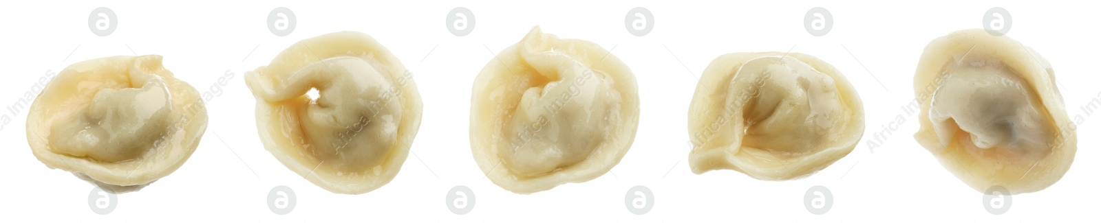 Image of Tasty boiled dumplings (pelmeni) on white background, set