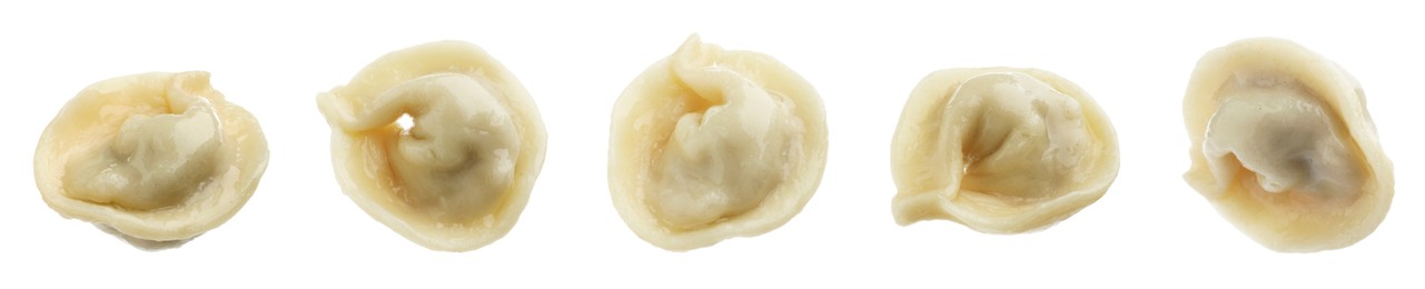 Image of Tasty boiled dumplings (pelmeni) on white background, set