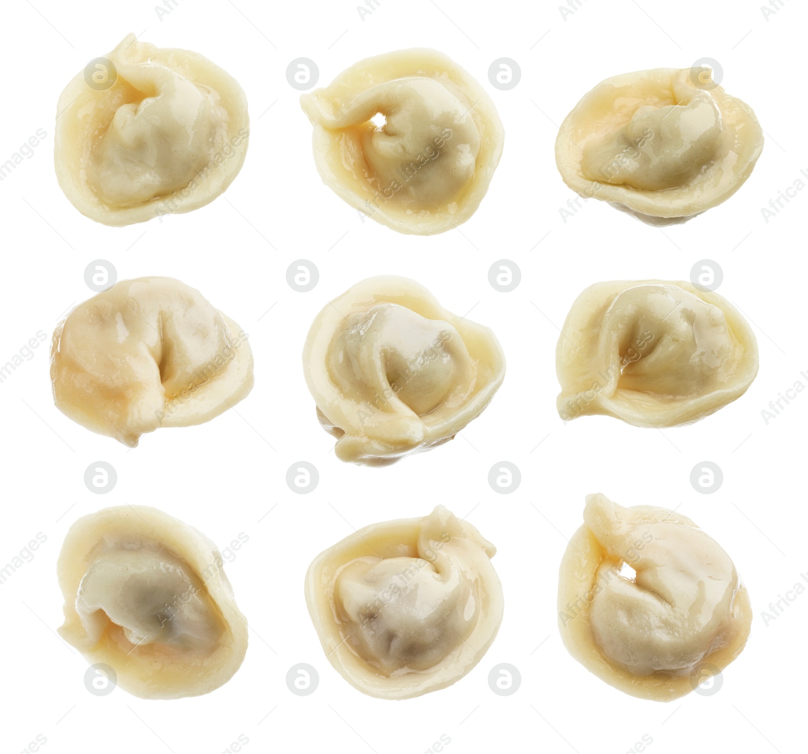 Image of Tasty boiled dumplings (pelmeni) on white background, collage