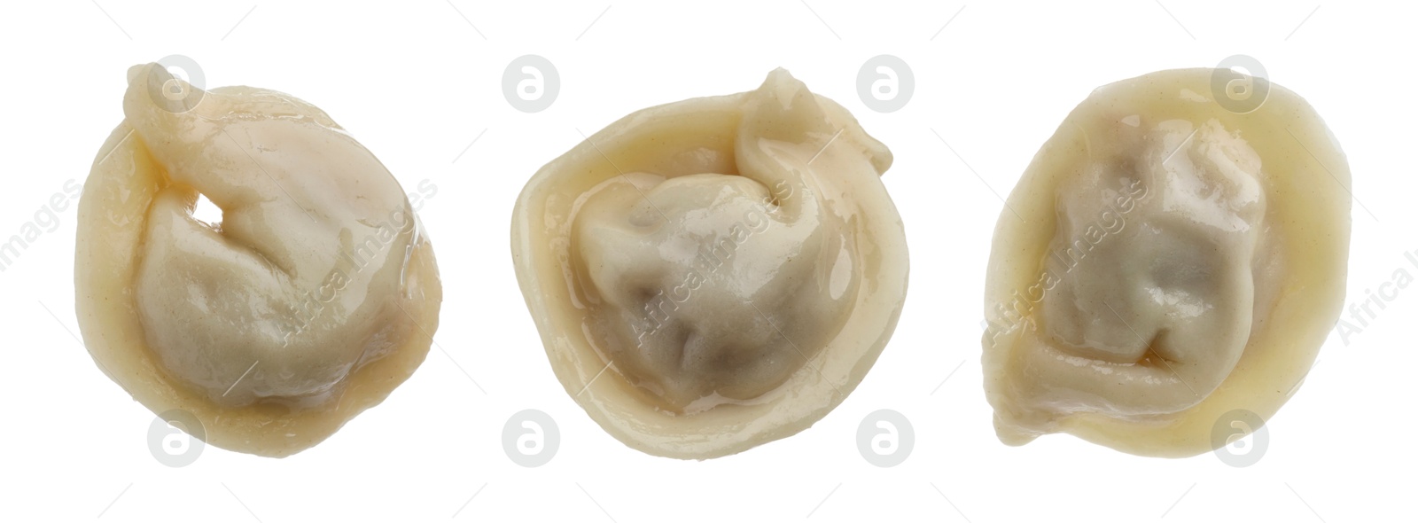 Image of Tasty boiled dumplings (pelmeni) on white background, set