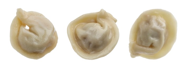Image of Tasty boiled dumplings (pelmeni) on white background, set