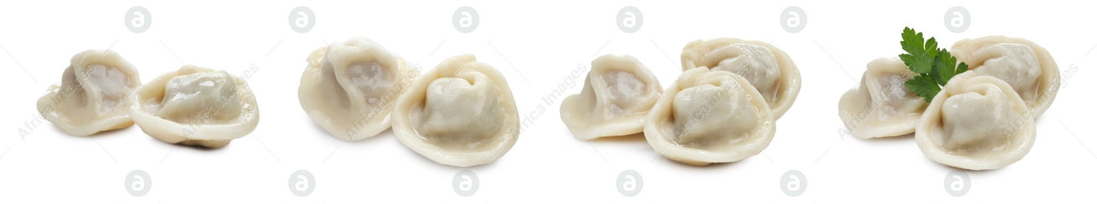 Image of Tasty boiled dumplings (pelmeni) with fresh parsley on white background, set