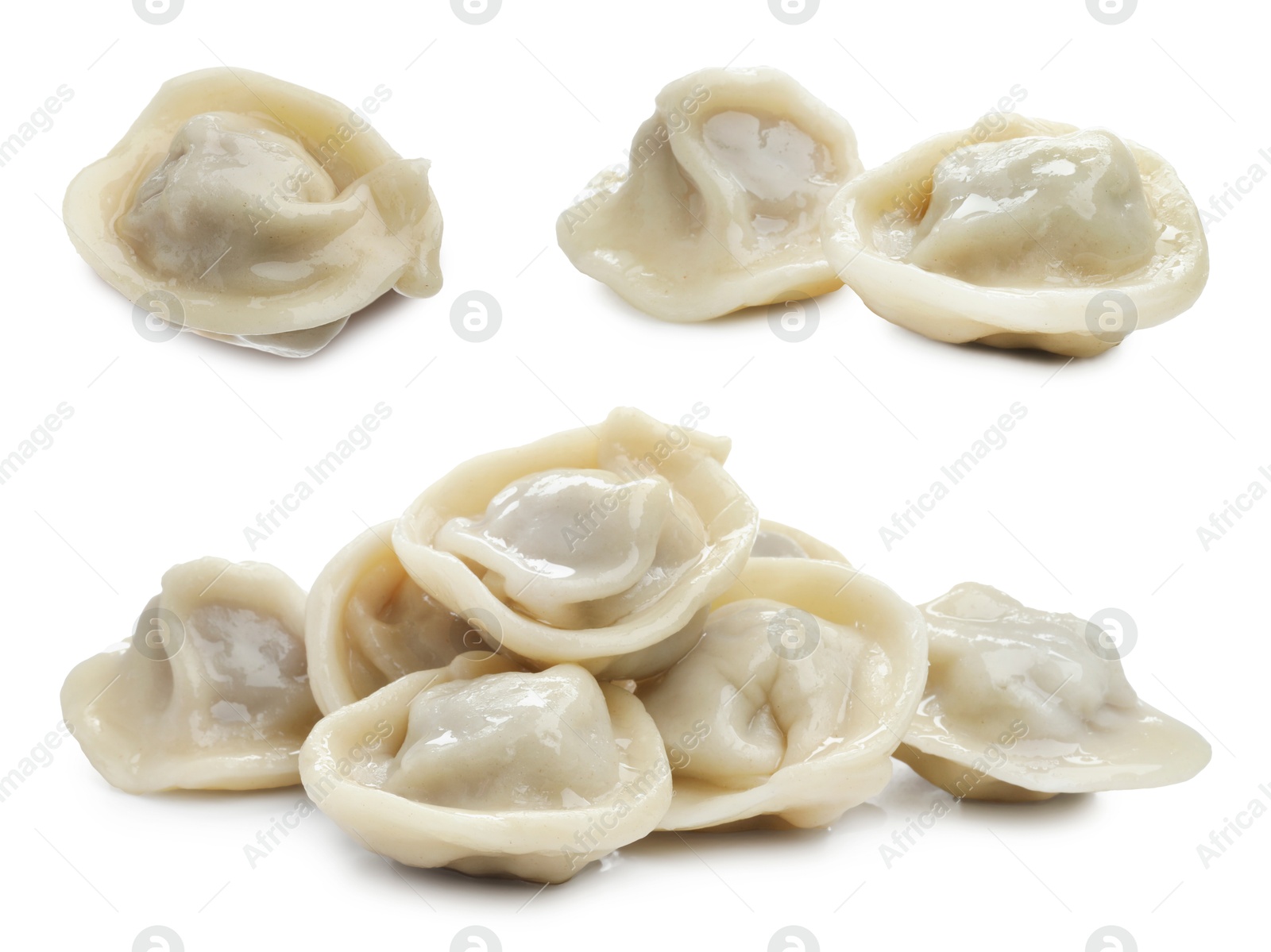 Image of Tasty boiled dumplings on white background, collage