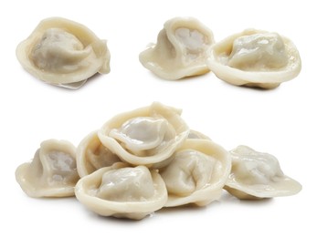 Image of Tasty boiled dumplings on white background, collage