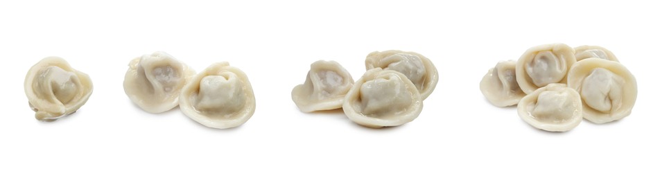 Image of Tasty boiled dumplings on white background, set