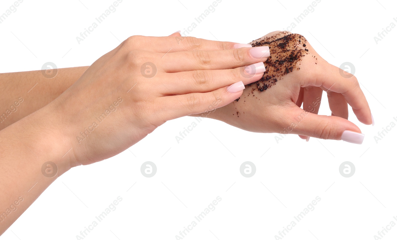 Woman applying body scrub onto her hands on white background, closeup Photo of Woman applying body scrub onto her hands on white background, closeup