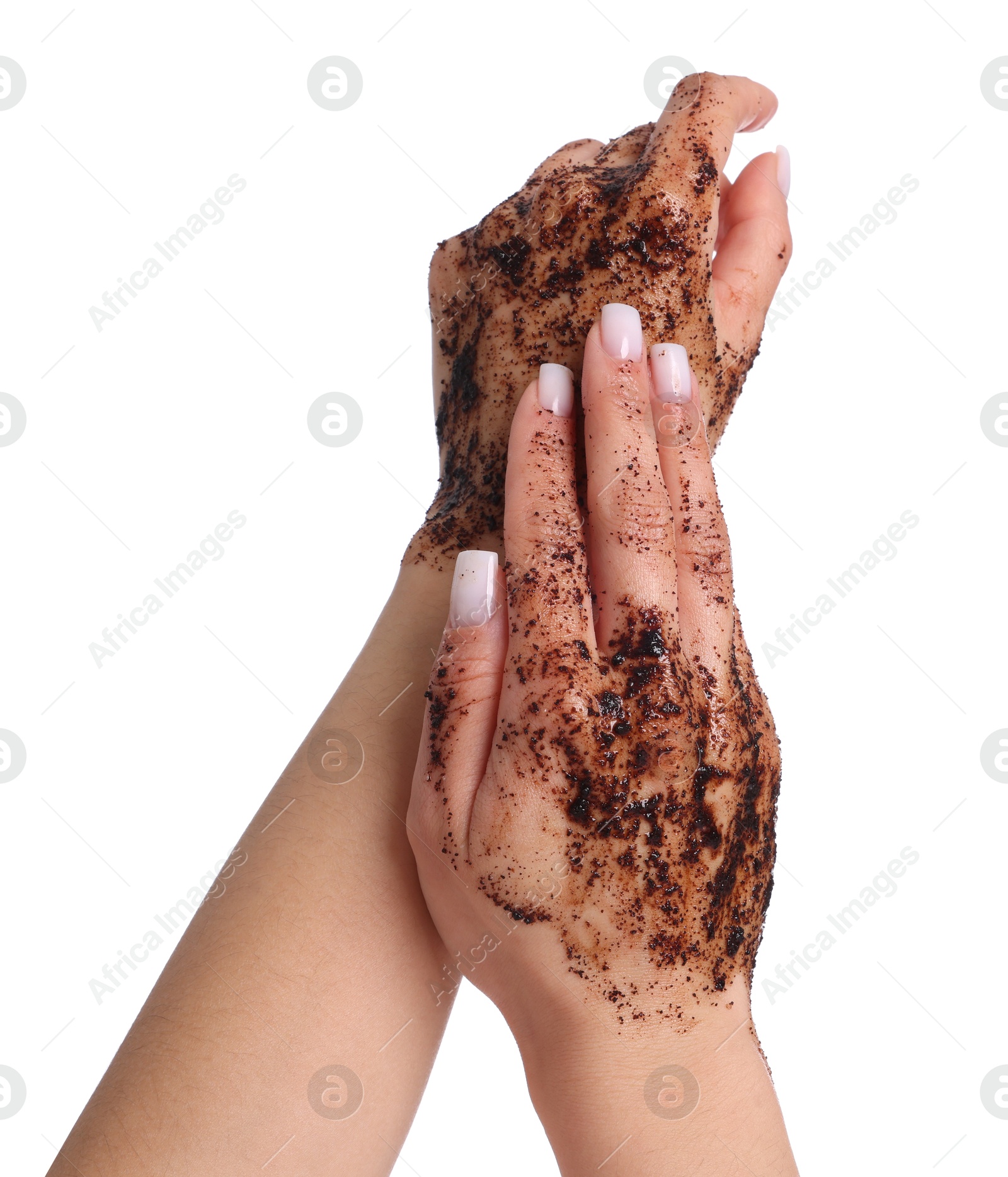 Woman applying body scrub onto her hands on white background, closeup Photo of Woman applying body scrub onto her hands on white background, closeup