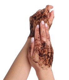 Photo of Woman applying body scrub onto her hands on white background, closeup