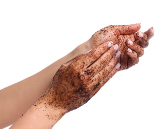 Photo of Woman applying body scrub onto her hands on white background, closeup
