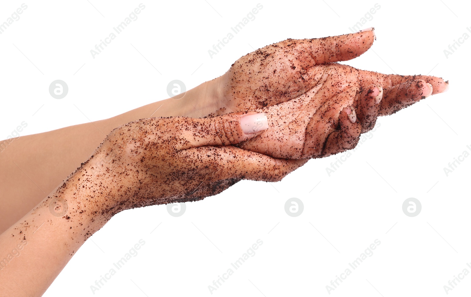 Woman applying body scrub onto her hands on white background, closeup Photo of Woman applying body scrub onto her hands on white background, closeup