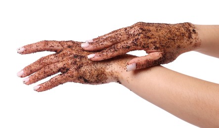 Photo of Woman applying body scrub onto her hands on white background, closeup