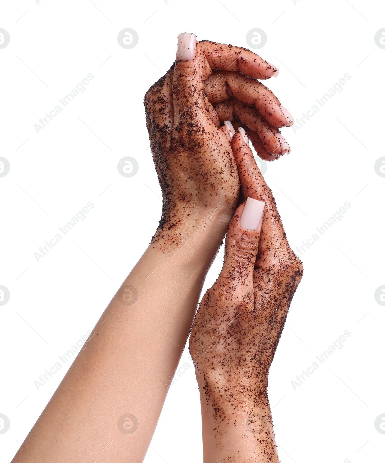 Woman applying body scrub onto her hands on white background, closeup Photo of Woman applying body scrub onto her hands on white background, closeup