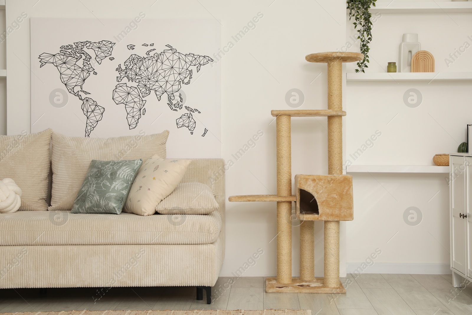 Stylish cat tree and sofa in living room Photo of Stylish cat tree and sofa in living room