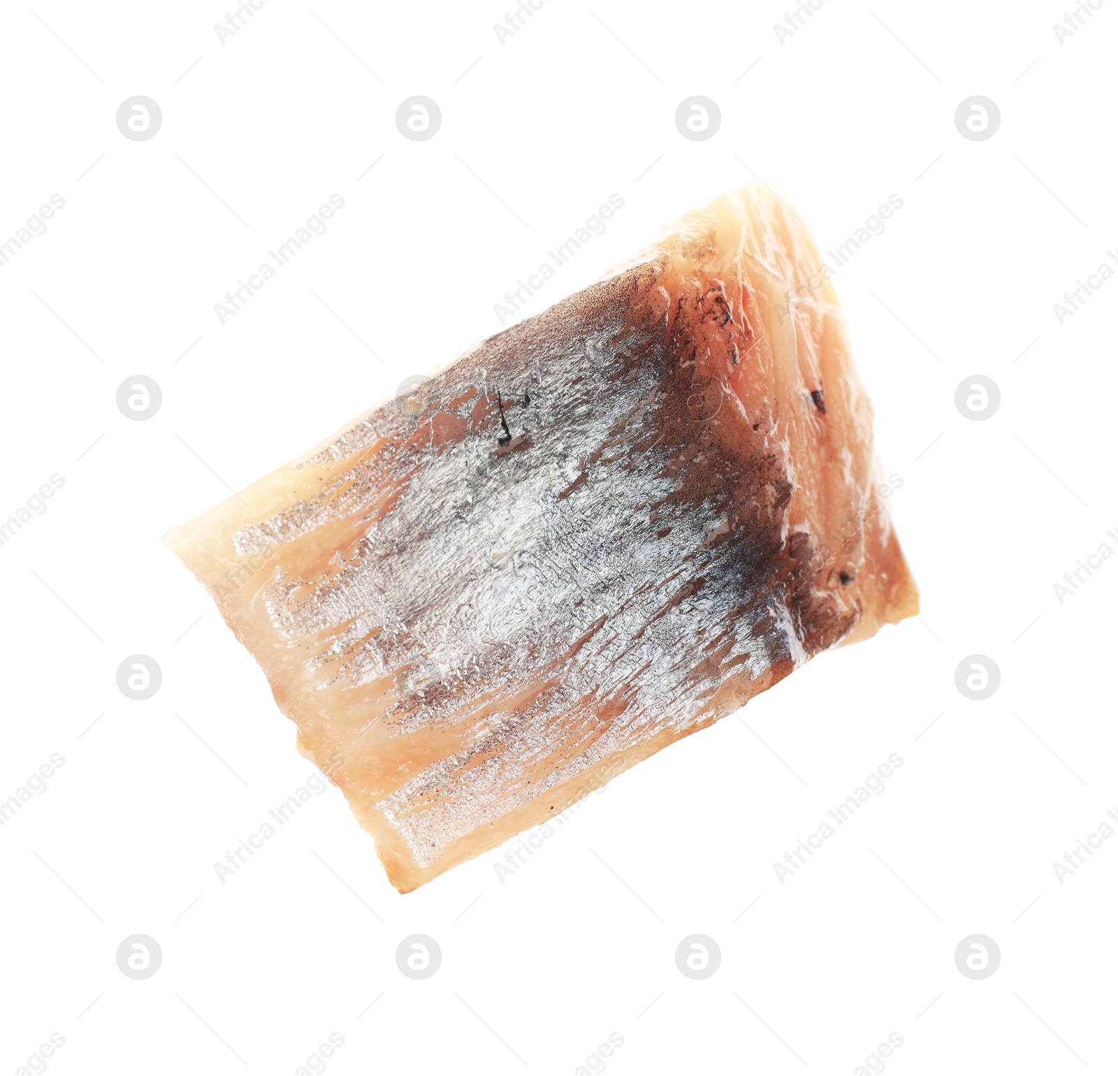 Piece of delicious herring isolated on white Photo of Piece of delicious herring isolated on white
