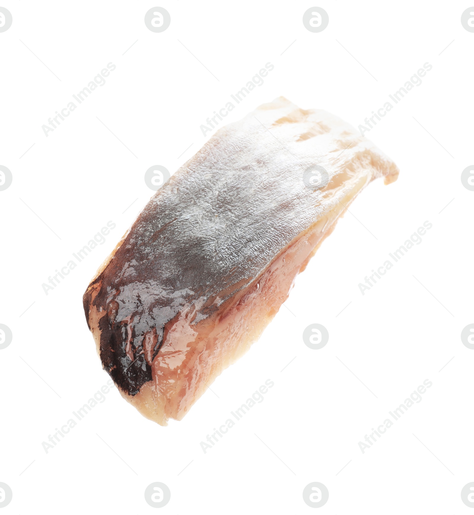Piece of delicious herring isolated on white Photo of Piece of delicious herring isolated on white