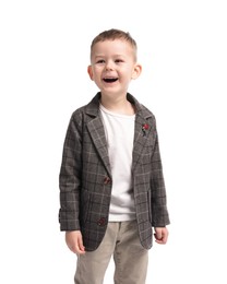 Photo of Portrait of cute little boy on white background