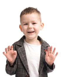 Photo of Portrait of cute little boy on white background