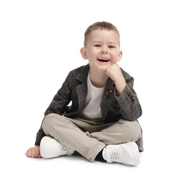 Photo of Portrait of cute little boy on white background