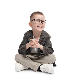 Photo of Cute little boy in glasses on white background