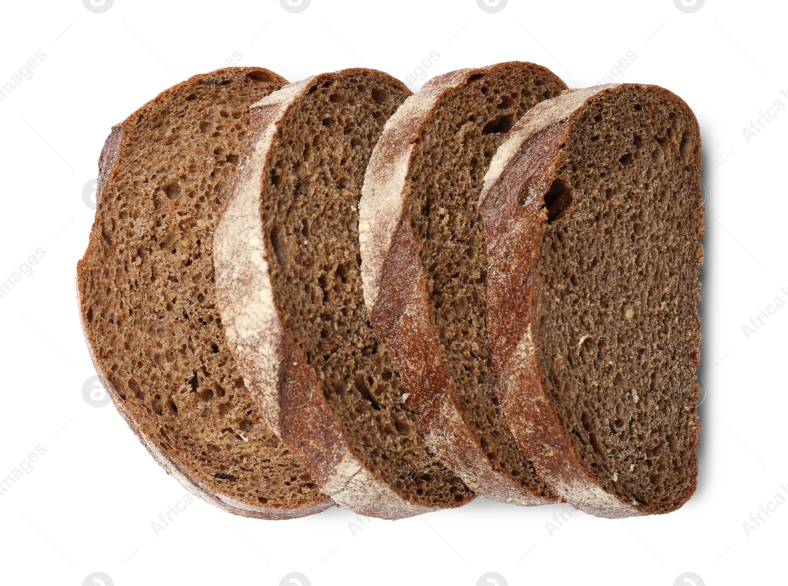 Pieces of fresh bread isolated on white, top view Photo of Pieces of fresh bread isolated on white, top view