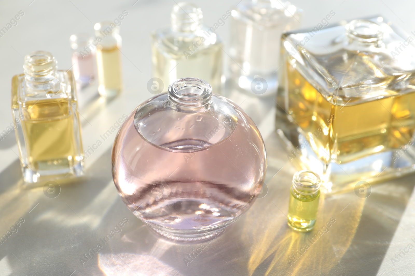 Perfume bottles with aromatic oils on light background, closeup Photo of Perfume bottles with aromatic oils on light background, closeup