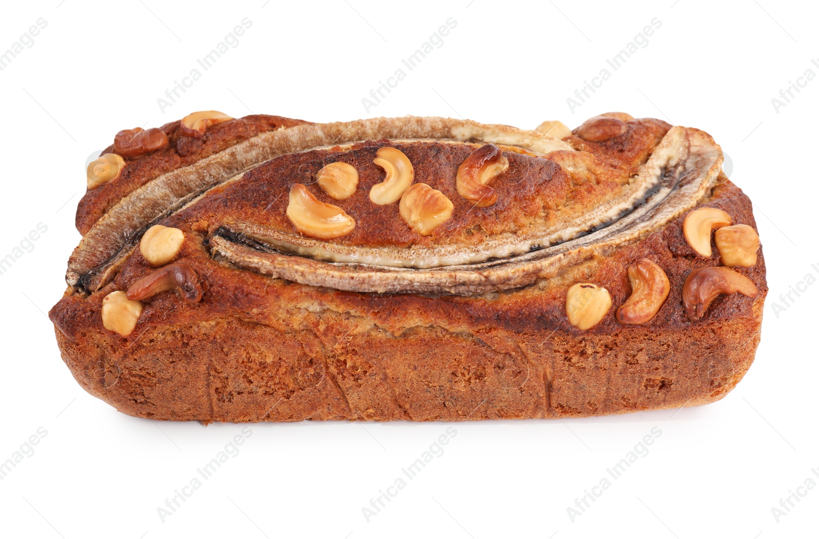 Delicious banana bread with nuts isolated on white Photo of Delicious banana bread with nuts isolated on white