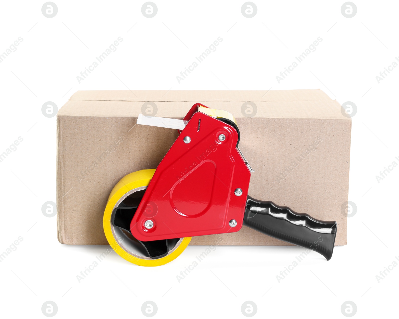 Dispenser with adhesive tape on cardboard box against white background Photo of Dispenser with adhesive tape on cardboard box against white background